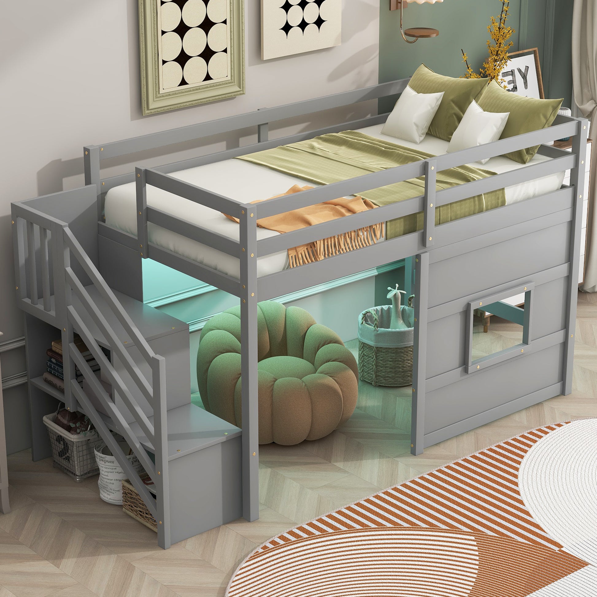 Twin Size Loft Bed with Storage Staircase and Window, With LED Light, Gray image 3