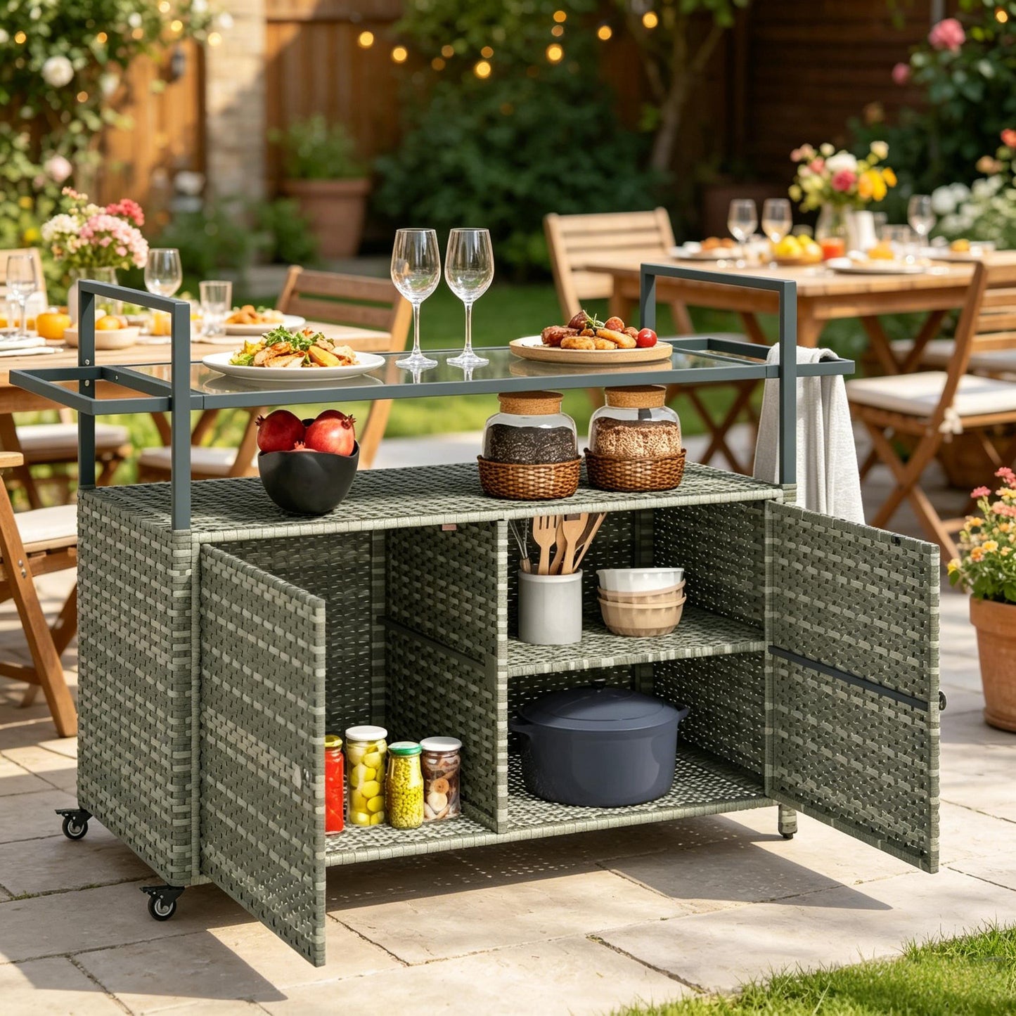 Mobile Bar Cart,Buffet Cabinet,Rattan Storage Cabinet,Outdoor Storage Table,Dining Room Storage Cart,Kitchen Island image 3
