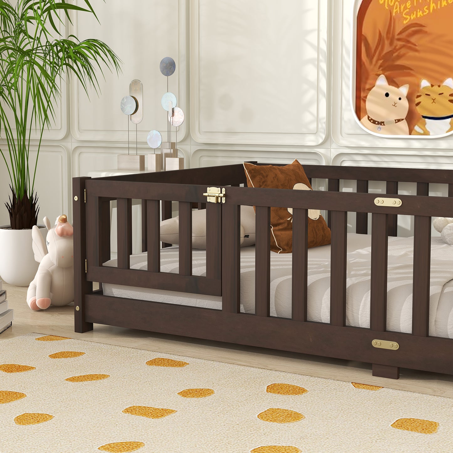 Twin Size Floor Bed with Fence and Door,Rubber Wood Floor Bed with Safety Guardrails,Espresso (Old Sku W504P286375) image 9