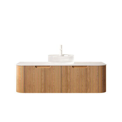 DINA 48" Bathroom Vanity&Sink, Floating Curved Edges Striped Storage Cabinet with 2 Drawers, Transparent Round Glass Basin&Carrara White Sintered Stone Top, Pre-assembled, Natural Woodgrain Color image 3