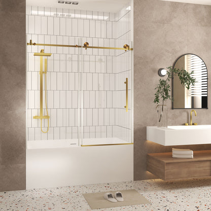 Frameless shower door 56-60 "W x 60" H, 1/4 "(6 mm) Clear Tempered Glass, Explosion Proof Film, Stainless Steel Handle,Brushed Gold image 3