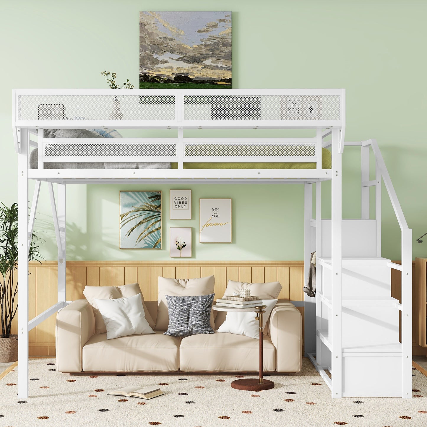 Queen Size Loft Bed with Stairs, Metal Queen Loft Bed with Storage Shelves, High Loft Bed with Wardrobe for Kids Teens, White, Patent Products image 3