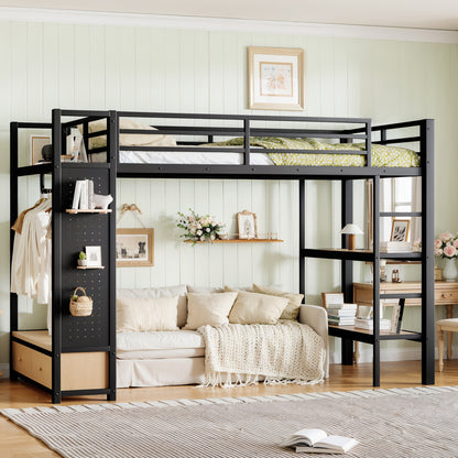 Twin XL size Loft Bed Frame with Wardrobe,Metal Loft Bed with Storage Shelves and Pegboard,Black image 1