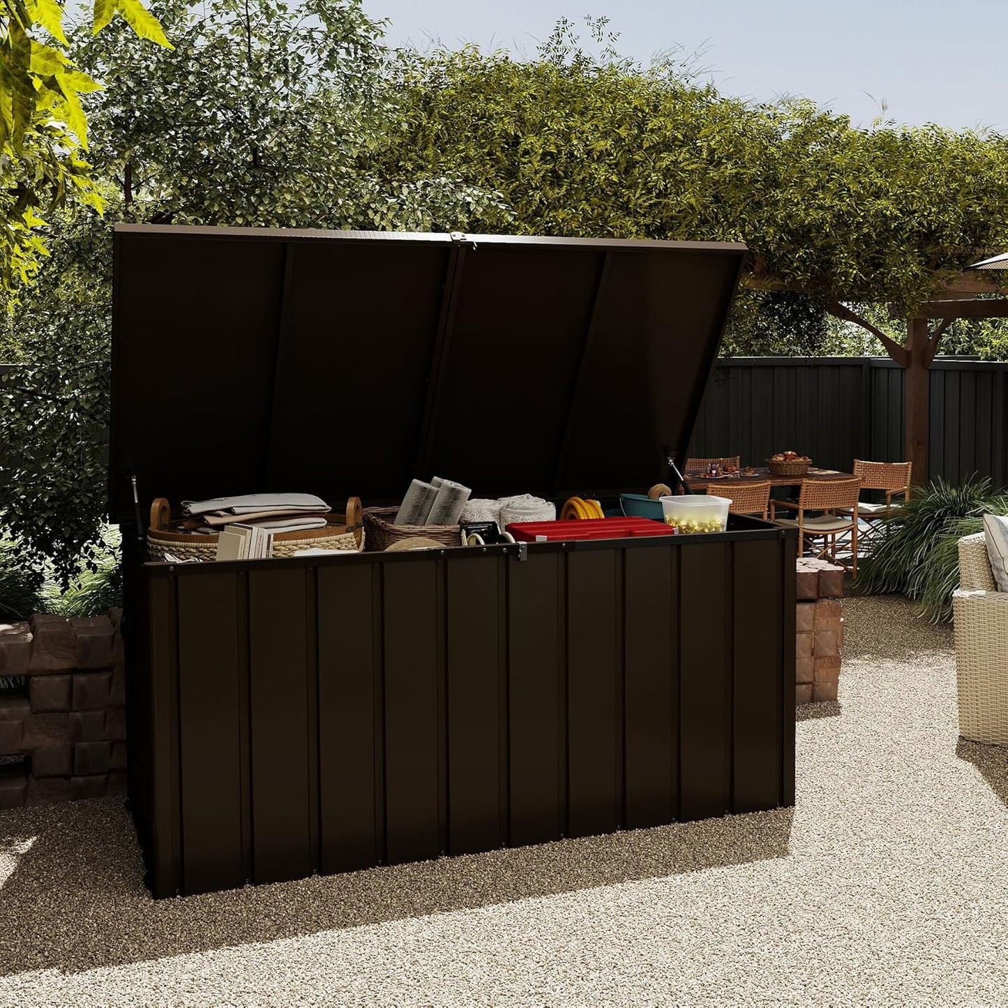 200 Gallon Metal Deck Box, Waterproof Outdoor Storage Box with Lockable Lid, Large Pool Storage Cabinet for Patio Furniture Garden Tools Pool-Supplies, Brown image 3
