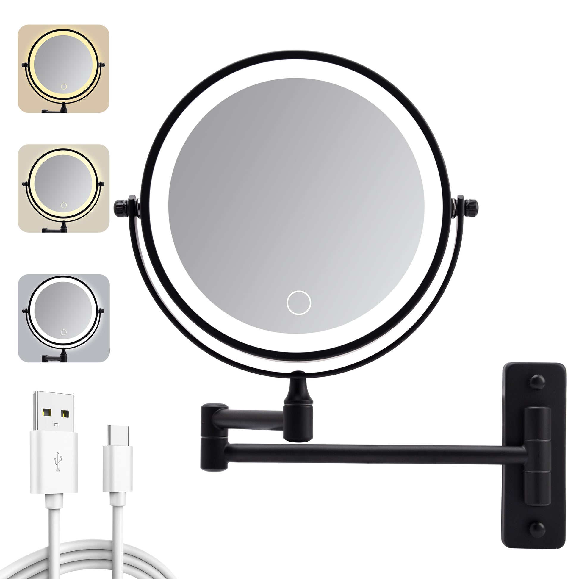 Wall Mounted Lighted Makeup Mirror, 1000mAh Rechargeable Double Sided 1X/10X Magnifying Mirror with Light,3 Color Lights,Touch Dimmable, Extended Arm 360 Rotation Wall Mounted Makeup Mirror image 1