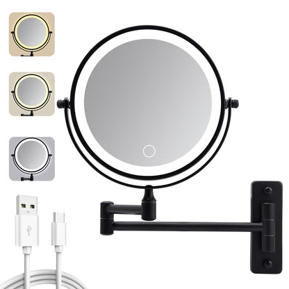 Wall Mounted Lighted Makeup Mirror, 1000mAh Rechargeable Double Sided 1X/10X Magnifying Mirror with Light,3 Color Lights,Touch Dimmable, Extended Arm 360 Rotation Wall Mounted Makeup Mirror image 1