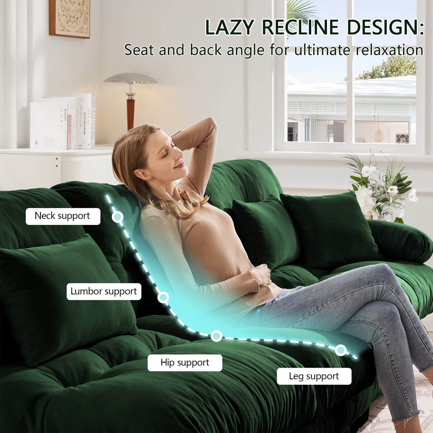 Cloud Couch Sectional Sofa for Living Room, Chenille 2 Seater Sofa with 2 Lumbar pillows and 2 throw pillows, Upholstered Wide Arm Sofa with Convertible Ottoman,Chenille Green image 8