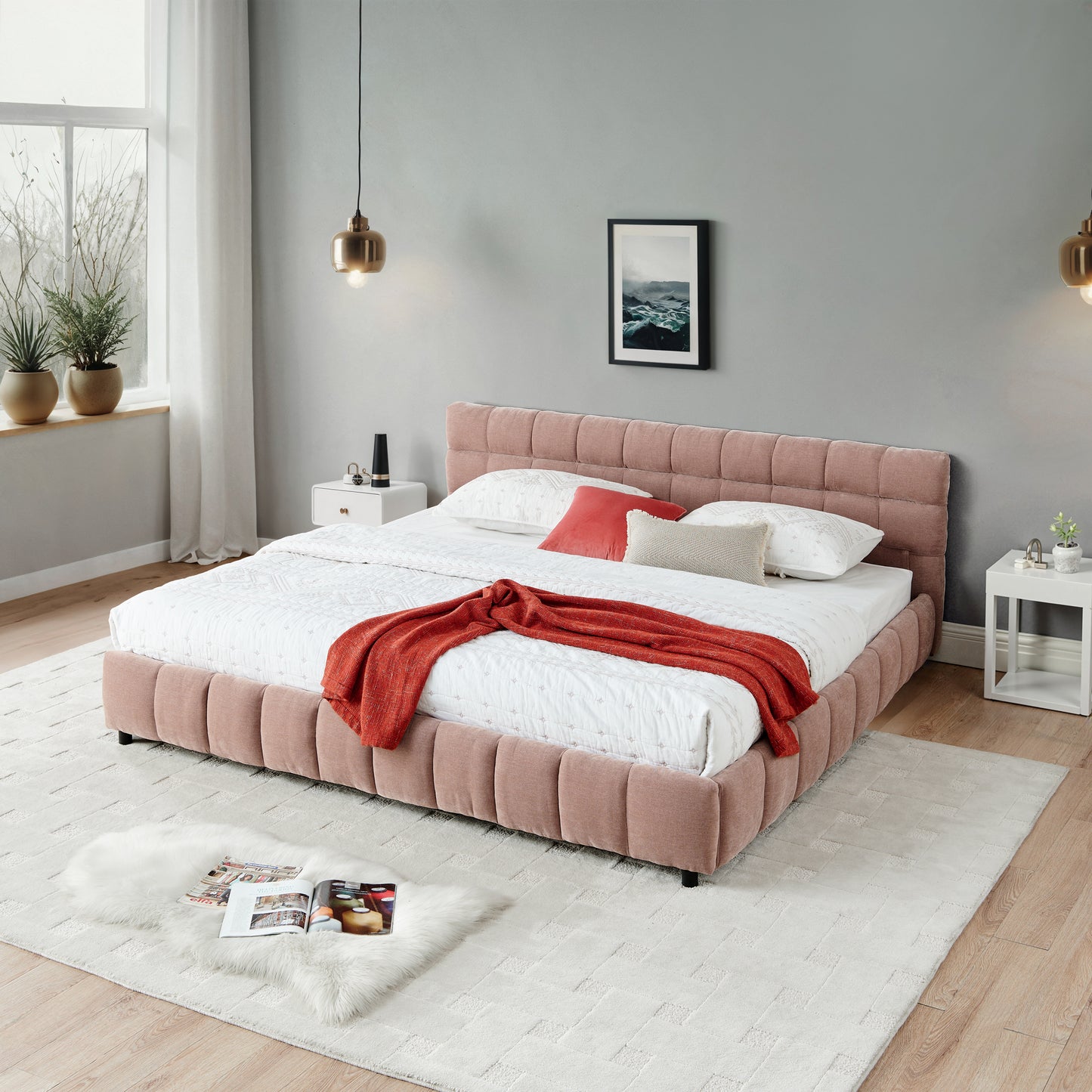 California King size Upholstered Bed,comfortable upholstered bed frame, Chenille fabric, with headboard and solid bed frame. With drawer for storage.-Pink(90.5''*80.5''*31'') image 5