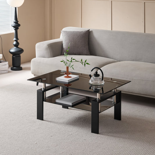 Tempered Black Glass Coffee Table, 2-Layers Tea Table image 1