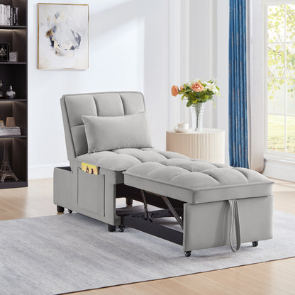 4 in1 Multi-Function Single Sofa Bed with Storage Pockets,Tufted Single Pull-out Sofa Bed with Adjustable Backrest and Pillows,Convertible Chaise Lounge,Gray image 1