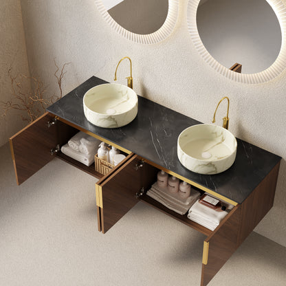 ARAI 60" Bathroom Vanity&Sinks, Floating Plywood Bathroom Storage Cabinet with 4 Doors, 2 White Round Ceramic Basins with Stone Pattern&Black Sintered Stone Countertop, Brown Oak Woodgrain (New SKU) image 3