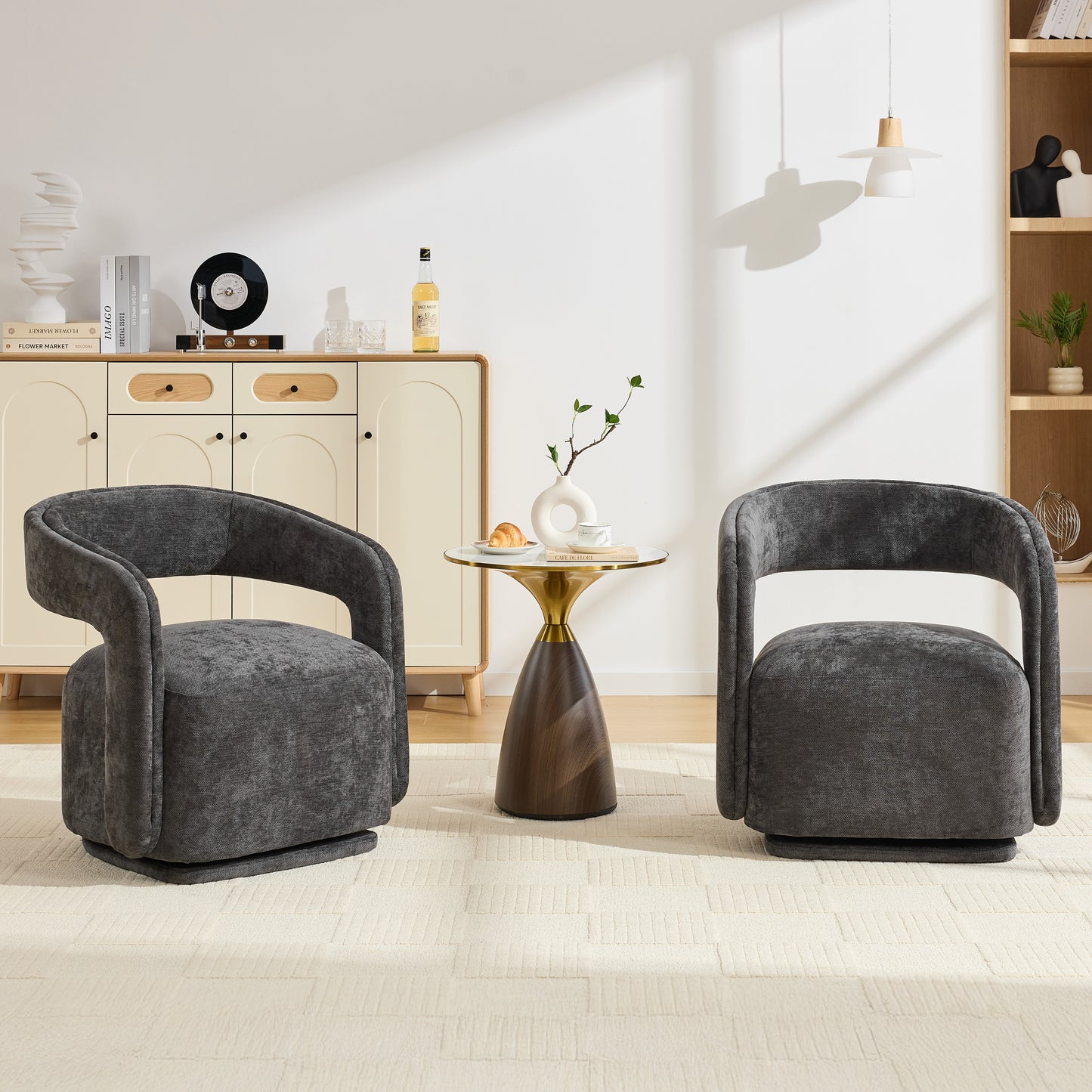 065-Chenille Fabric Swivel Accent Armchair, Comfy Barrel Leisure Chair With Curved Backrest, Upholstered Reading Chair With Black Swivel Base, 22-inch large seat depth and width, Dark Gray image 9