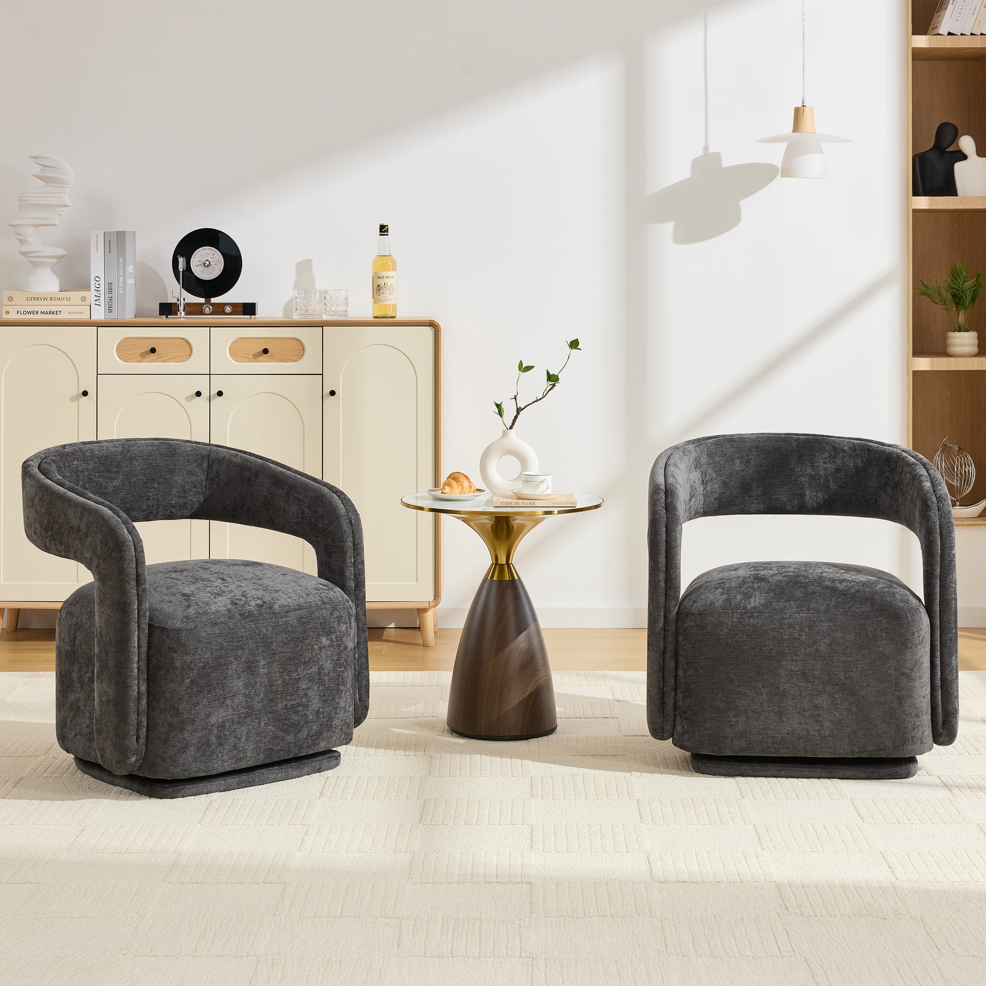 065-Chenille Fabric Swivel Accent Armchair, Comfy Barrel Leisure Chair With Curved Backrest, Upholstered Reading Chair With Black Swivel Base, 22-inch large seat depth and width, Dark Gray image 9