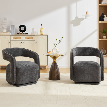 065-Chenille Fabric Swivel Accent Armchair, Comfy Barrel Leisure Chair With Curved Backrest, Upholstered Reading Chair With Black Swivel Base, 22-inch large seat depth and width, Dark Gray image 9