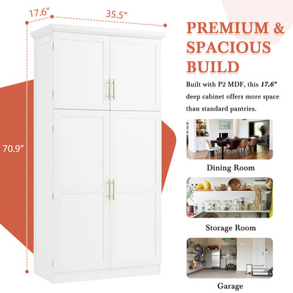 [Assembly Video Provided] TOPMAX 35.5x17.6x70.9inch Freestanding Kitchen Pantry Cabinet, Tall Storage Cabinet with 4 Doors, 2 Door Shelves, 8 Pull-out Trays and Adjustable Shelf for Dining Room, White image 9
