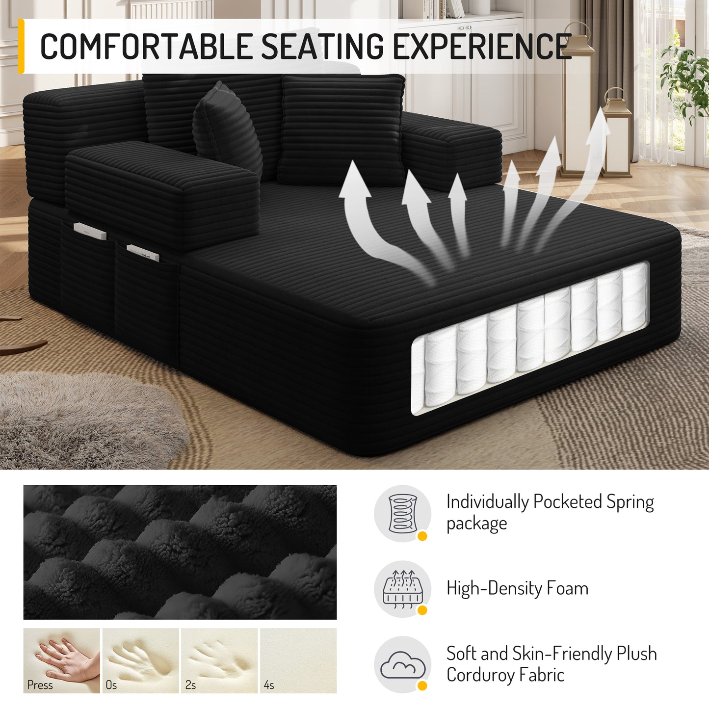 Luxurious Plush Corduroy Chaise Lounge with 3 Pillows, Convertible Sofa Bed with Storage Pocket, Frameless Design & Compression Foam for Small Spaces, Living Room, Apartment,Black image 11