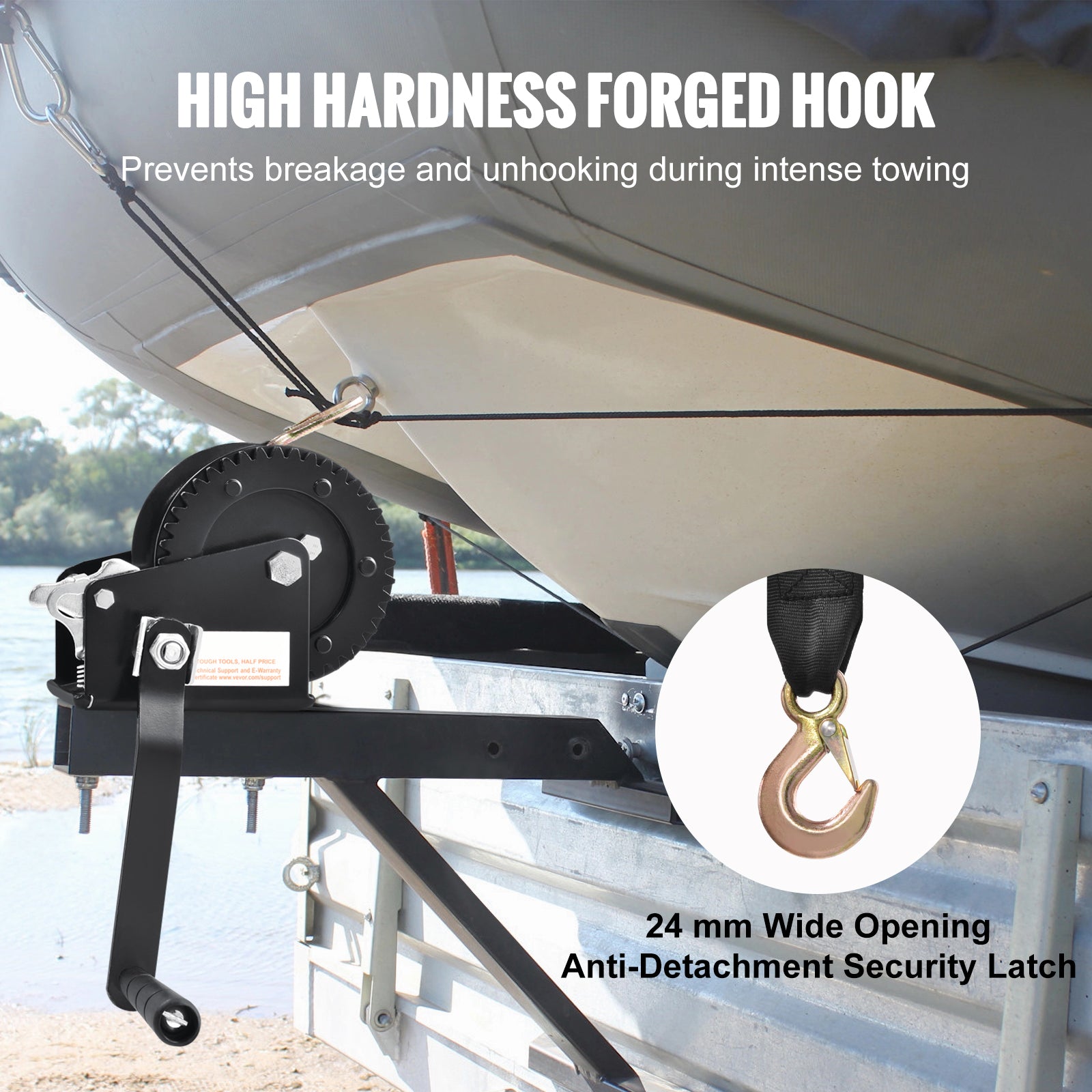 Hand Winch, 1200 lbs Pulling Capacity, Boat Trailer Winch Heavy Duty Rope Crank with 23 ft Polyester Strap and Two-Way Ratchet, Manual Operated Hand Crank Winch for Trailer, Boat or ATV Towing image 8
