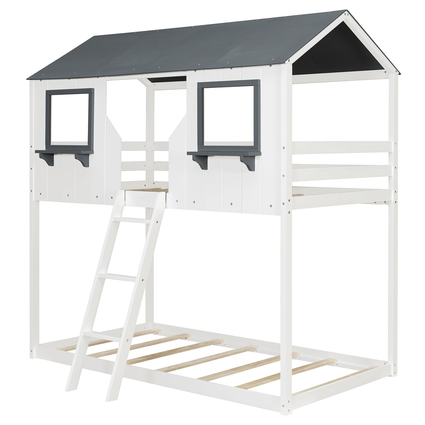 Twin Over Twin Bunk Bed Wood Bed with Roof, Window, Guardrail, Ladder (White)(OLD SKU: LT000045AAK-1) image 11