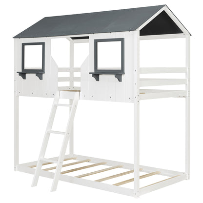 Twin Over Twin Bunk Bed Wood Bed with Roof, Window, Guardrail, Ladder (White)(OLD SKU: LT000045AAK-1) image 11