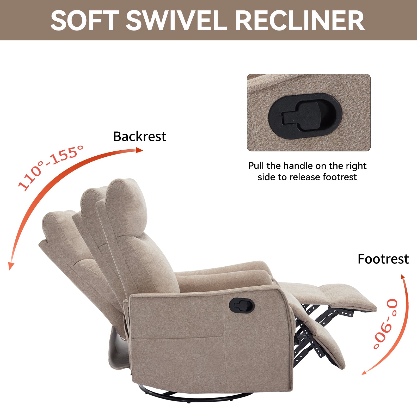 Heat Massage Manual Recliner Chair with Rocker and Swivel in Fabric for Living Room, Khaki image 5