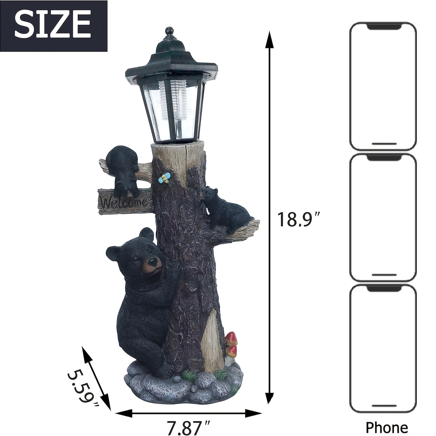 Black bear statue welcome sign garden statue with solar light, 19-inch resin bear family on tree, outdoor bear decoration for courtyard, garden, lawn, yard, perfect gift for Thanksgiving, Christmas, M image 3