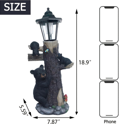 Black bear statue welcome sign garden statue with solar light, 19-inch resin bear family on tree, outdoor bear decoration for courtyard, garden, lawn, yard, perfect gift for Thanksgiving, Christmas, M image 3