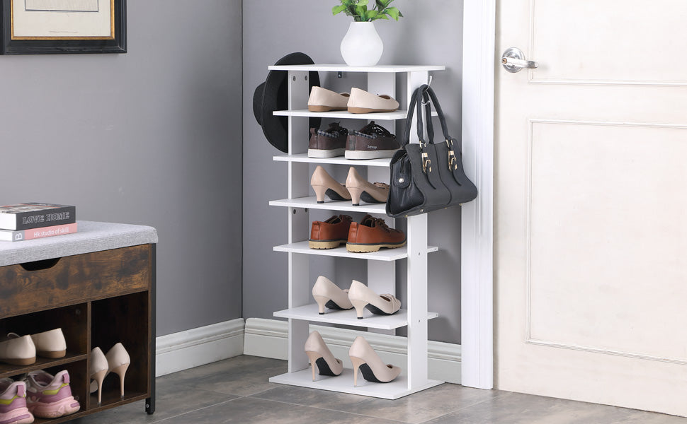Vertical Shoe Rack,7 Tier Shoe Storage Organizer with Hooks, Entryway Shoe Tower,Vertical Shoe Organizer,Vertical Shoe Organizer,White image 6