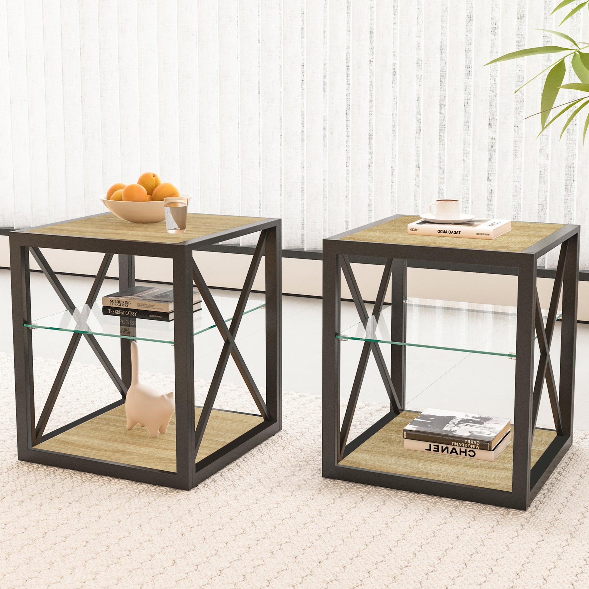 Set of 2 Modern End Table Nightstand for Bedroom & Living Room, Tempered Glass & Natural Wood MDF Top, Industrial Style Side Table image 9
