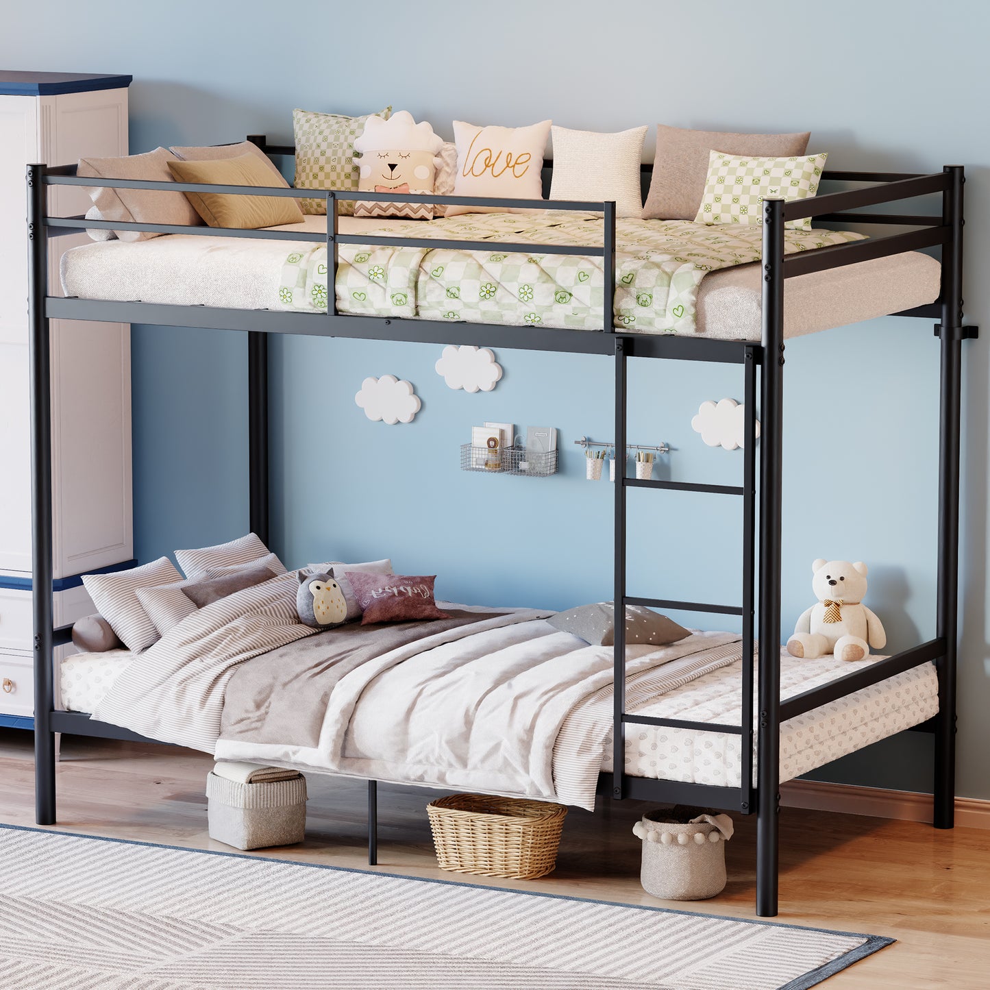 Bunk Bed with Ladder and high Guardrail, Metal Bunk Bed, Storage Space, Noise Free,Twin Over Twin Size,Black image 1