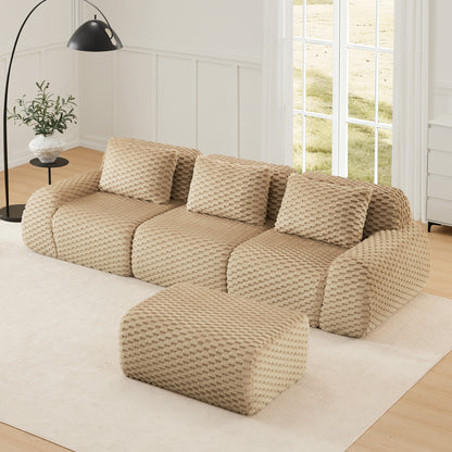 114" Modern L-Shaped Modular Sectional Sofa for Living Room,Flannelette Fabric,Oversized 3-Seater Couch,boneless sofa,Movable Ottoman,Buckle connection,Anti-slip Design,No Assembly,Light Camel image 3