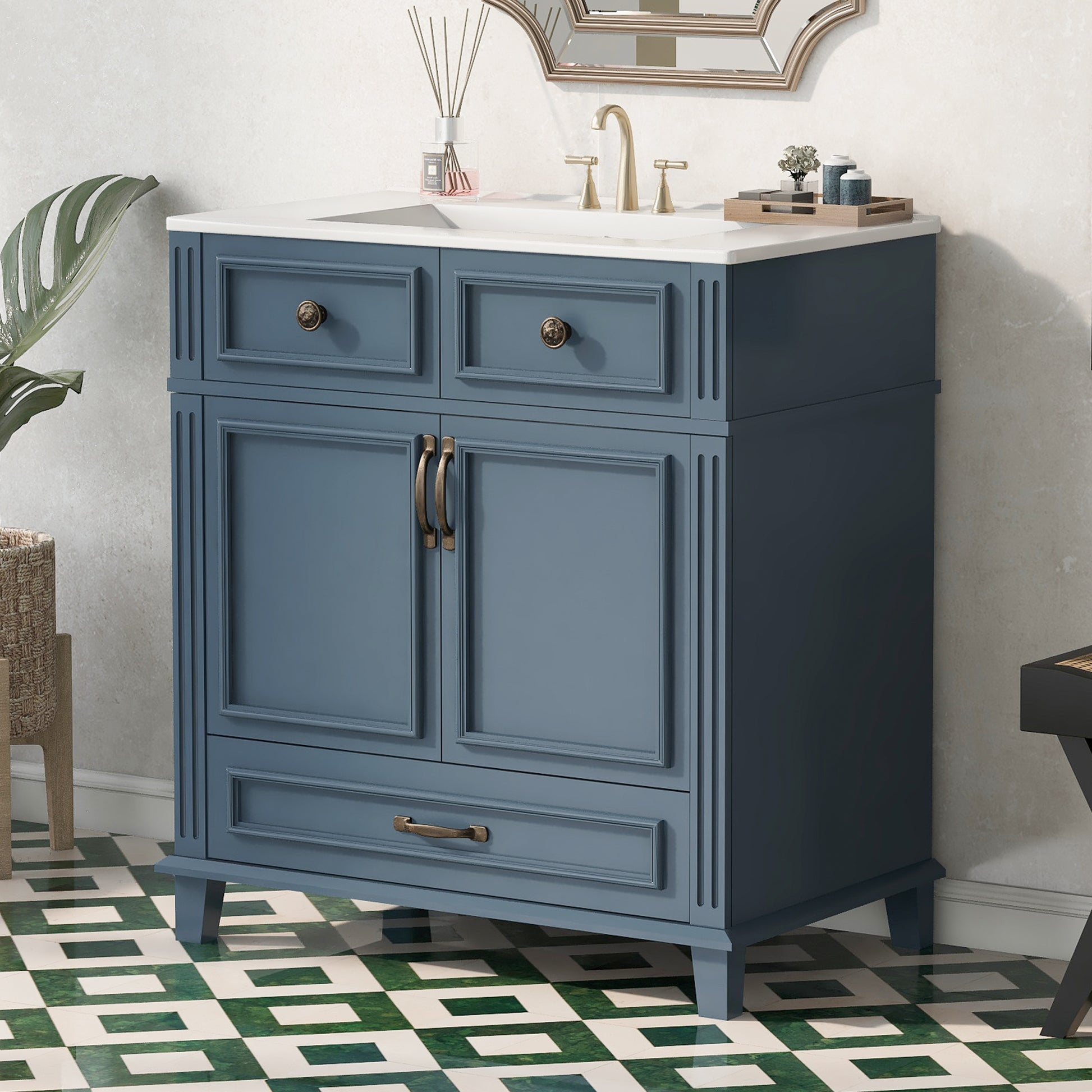 30'' Bathroom Vanity with Ceramic Sink,Solid Wood Frame Bathroom Storage Cabinet with Soft Closing Doors,Retro Style, Blue image 3