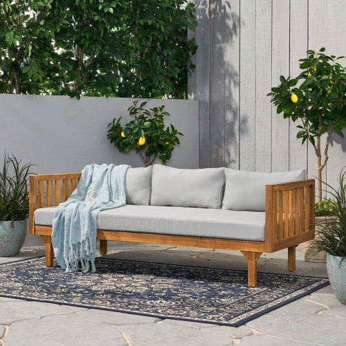 Acacia Wood Patio Furniture Set,Outdoor 3 Seater Daybed(with Water Resistant Thick Cushions)and Round Coffee Table, Light Gray Cushion image 8