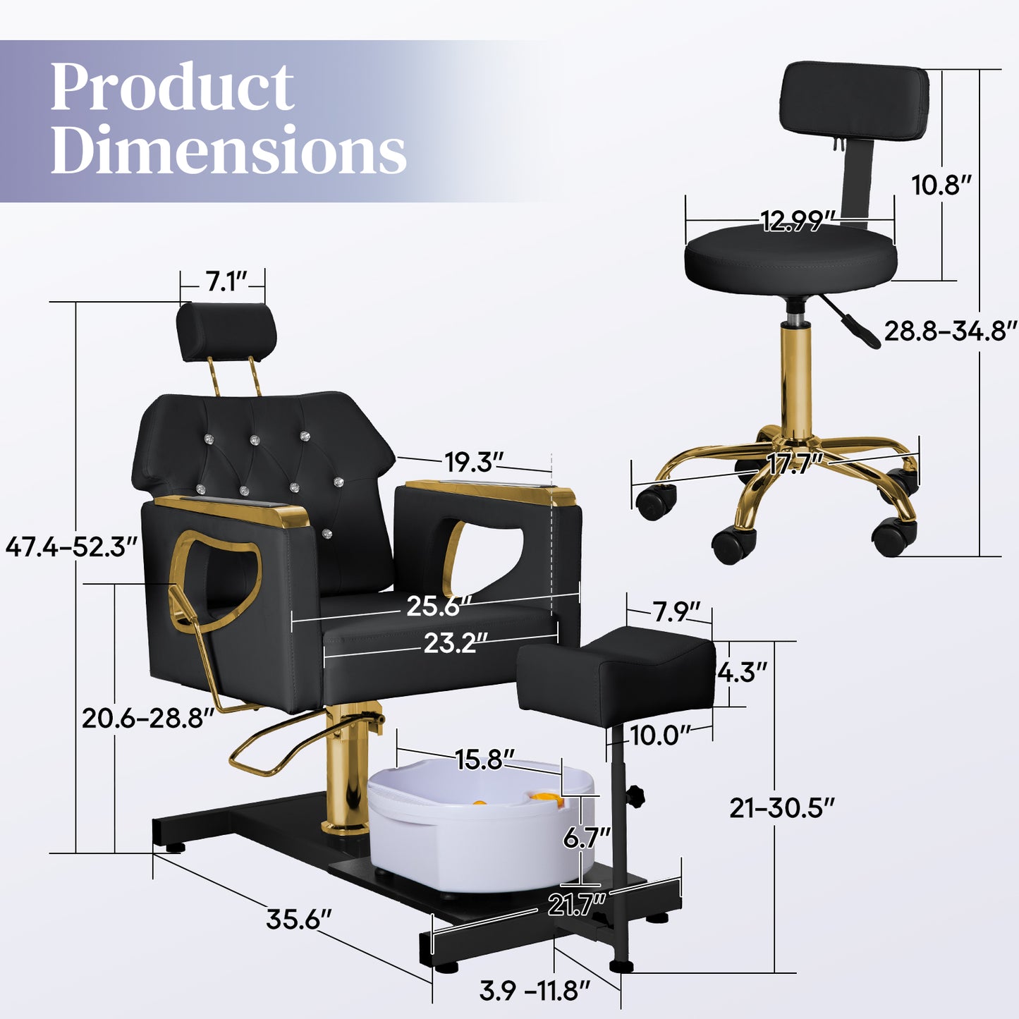 Pedicure Chair No Plumbing,Reclining Pedicure Station Unit with Adjustable Height and 360 Swivel,Hydraulic Foot Spa Chiar with Footrest and Massage Foot Bath, Gold image 2