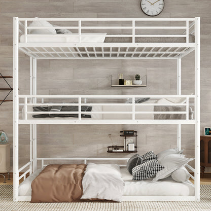 Full over Full over Full Bunk Bed, Metal Triple Bunk Bed with Safety Guardrails, Heavy-duty Bunk Bed with Noise-reduced Design, White image 2