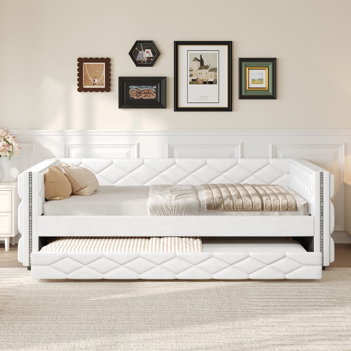 Full XL Size Upholstered Daybed with Trundle and LED, White image 2