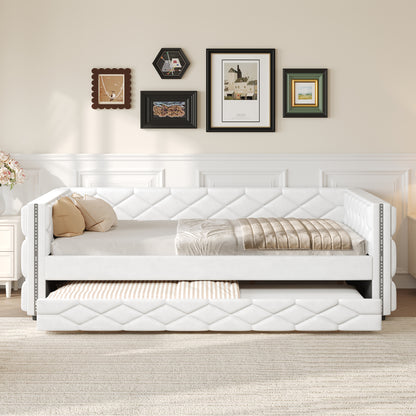 Full XL Size Upholstered Daybed with Trundle and LED, White image 2