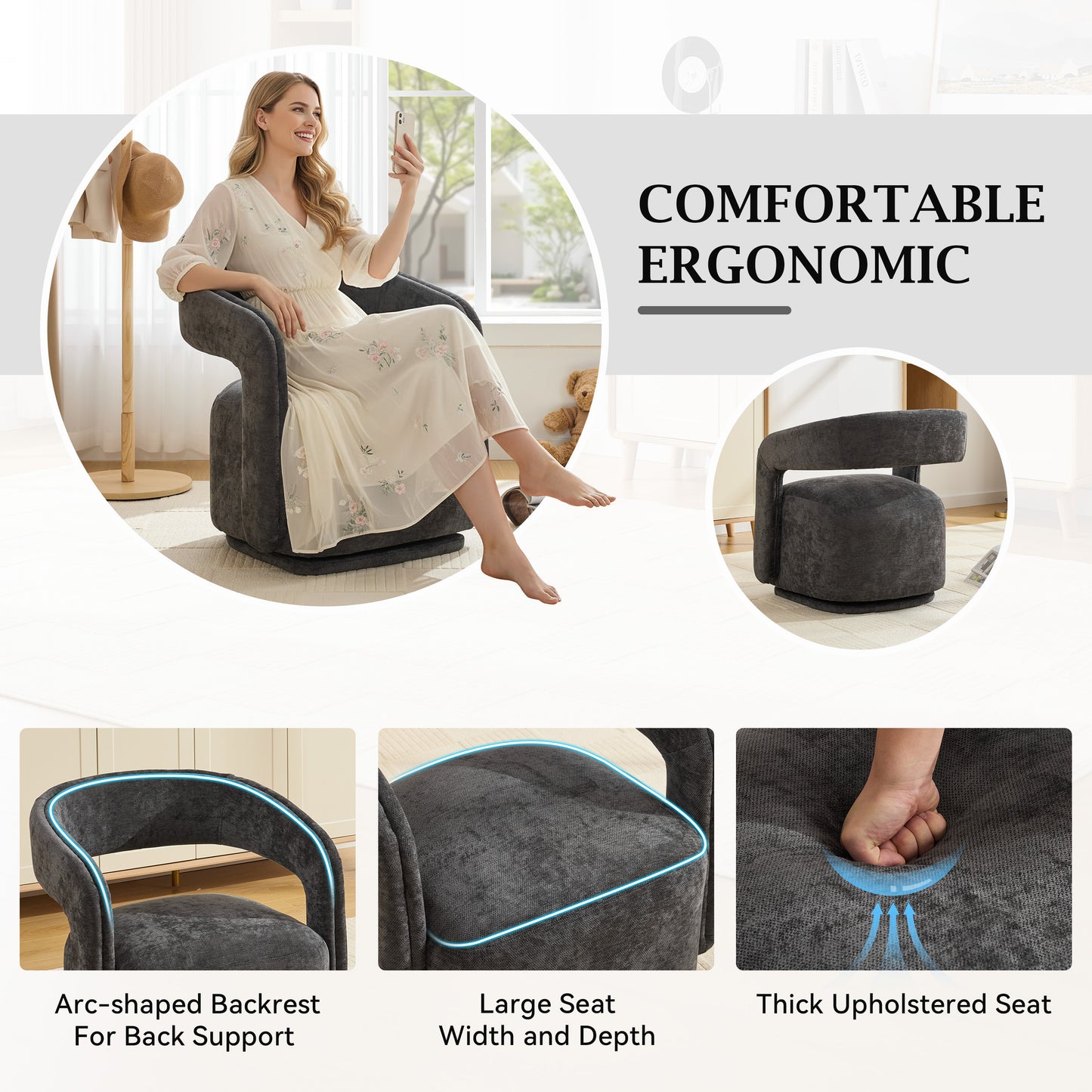 065-Chenille Fabric Swivel Accent Armchair, Comfy Barrel Leisure Chair With Curved Backrest, Upholstered Reading Chair With Black Swivel Base, 22-inch large seat depth and width, Dark Gray image 5
