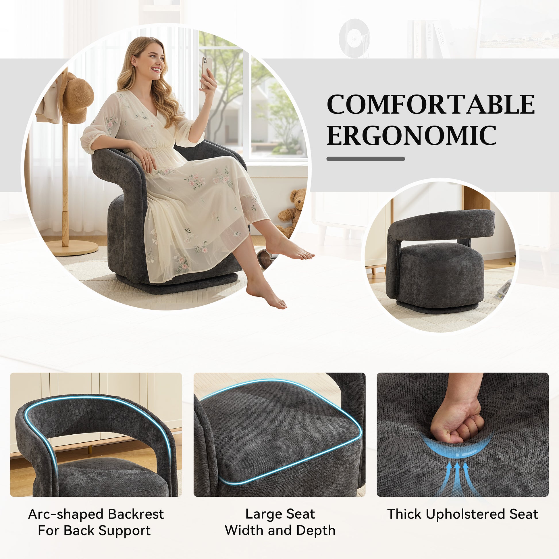 065-Chenille Fabric Swivel Accent Armchair, Comfy Barrel Leisure Chair With Curved Backrest, Upholstered Reading Chair With Black Swivel Base, 22-inch large seat depth and width, Dark Gray image 5