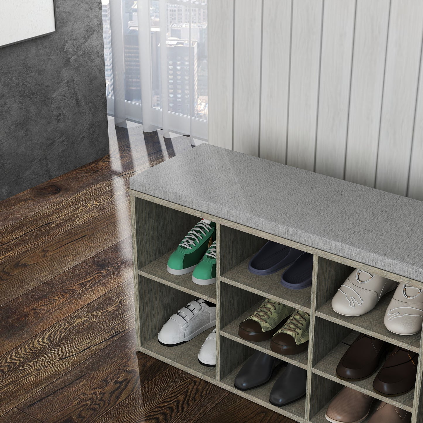 Storage Bench, Shoe Bench, Entryway Bench with Padded Cushion, Drawer and Open Compartments, Bench with Storage, 3 Tier Shoe Rack Bench image 9