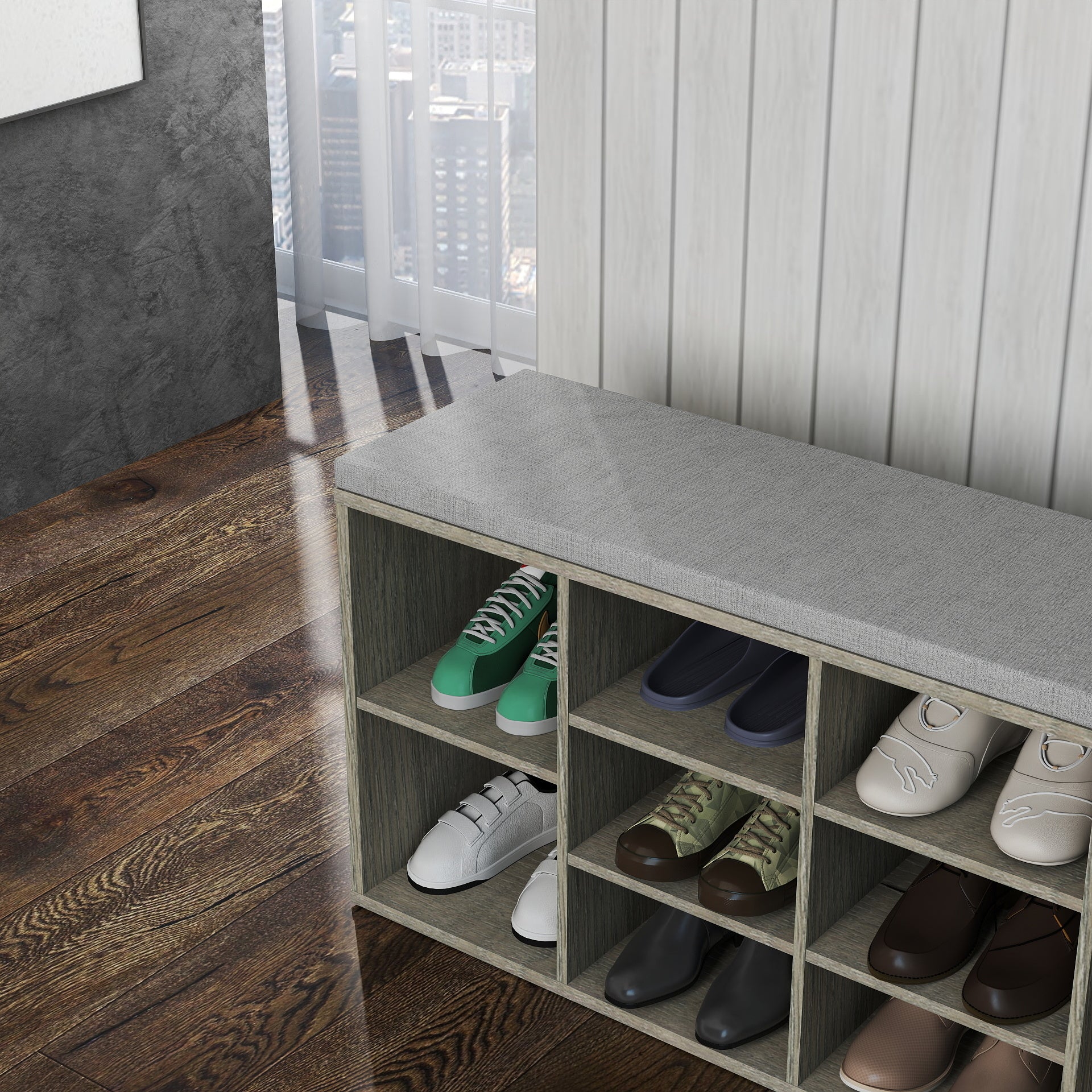 Storage Bench, Shoe Bench, Entryway Bench with Padded Cushion, Drawer and Open Compartments, Bench with Storage, 3 Tier Shoe Rack Bench image 9