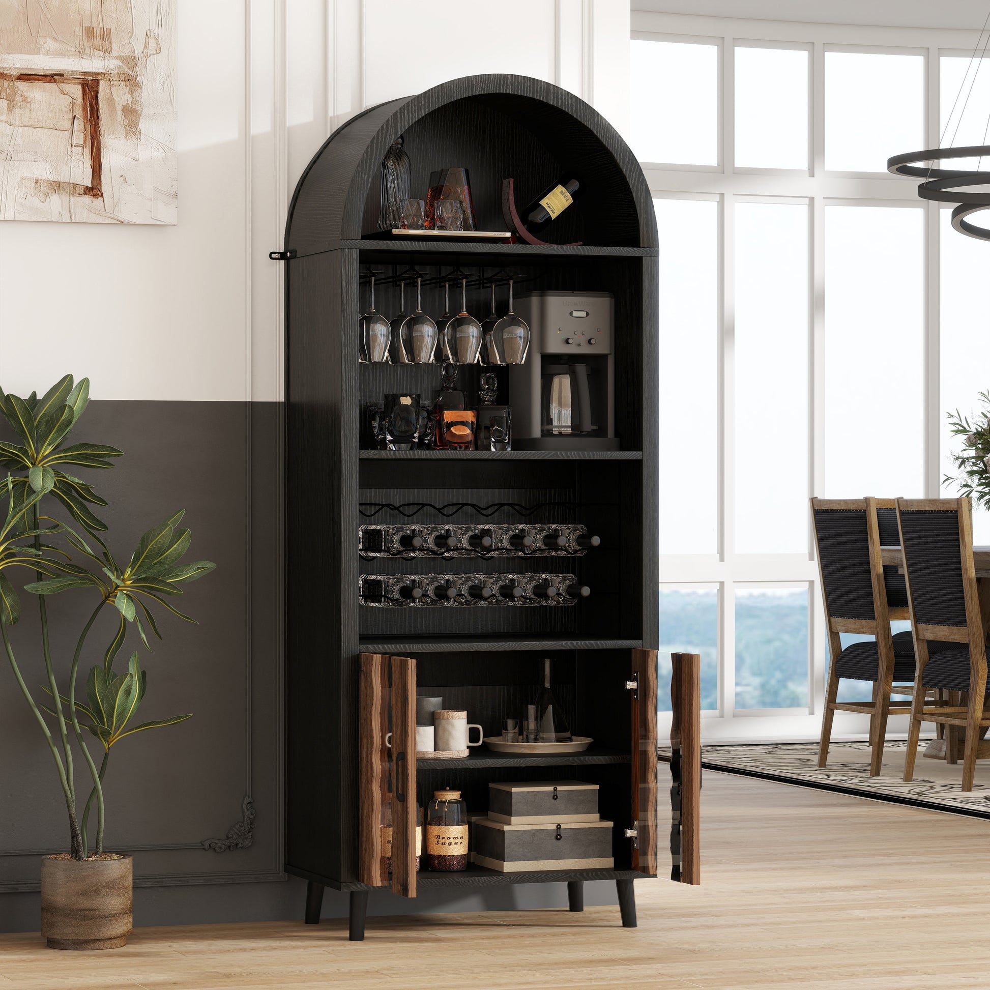 71"Farmhouse Arched Wine Bar Cabinet: tall arched display cabinet, arch black cabinets &coffee bar, whiskey station with wine rack and Wine Glass Holder - Liquor Bars Cabinet for Living Dining Room image 4