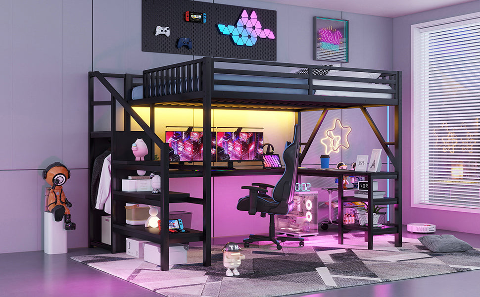 Metal Queen Loft Bed with Wardrobe and LED Light, Queen Size Loft Bed with L Shaped Desk and USB for Kids Teens Adults, Black(Old SKU W2593S00043,Expect Arrival Date 2026/3/7) image 7