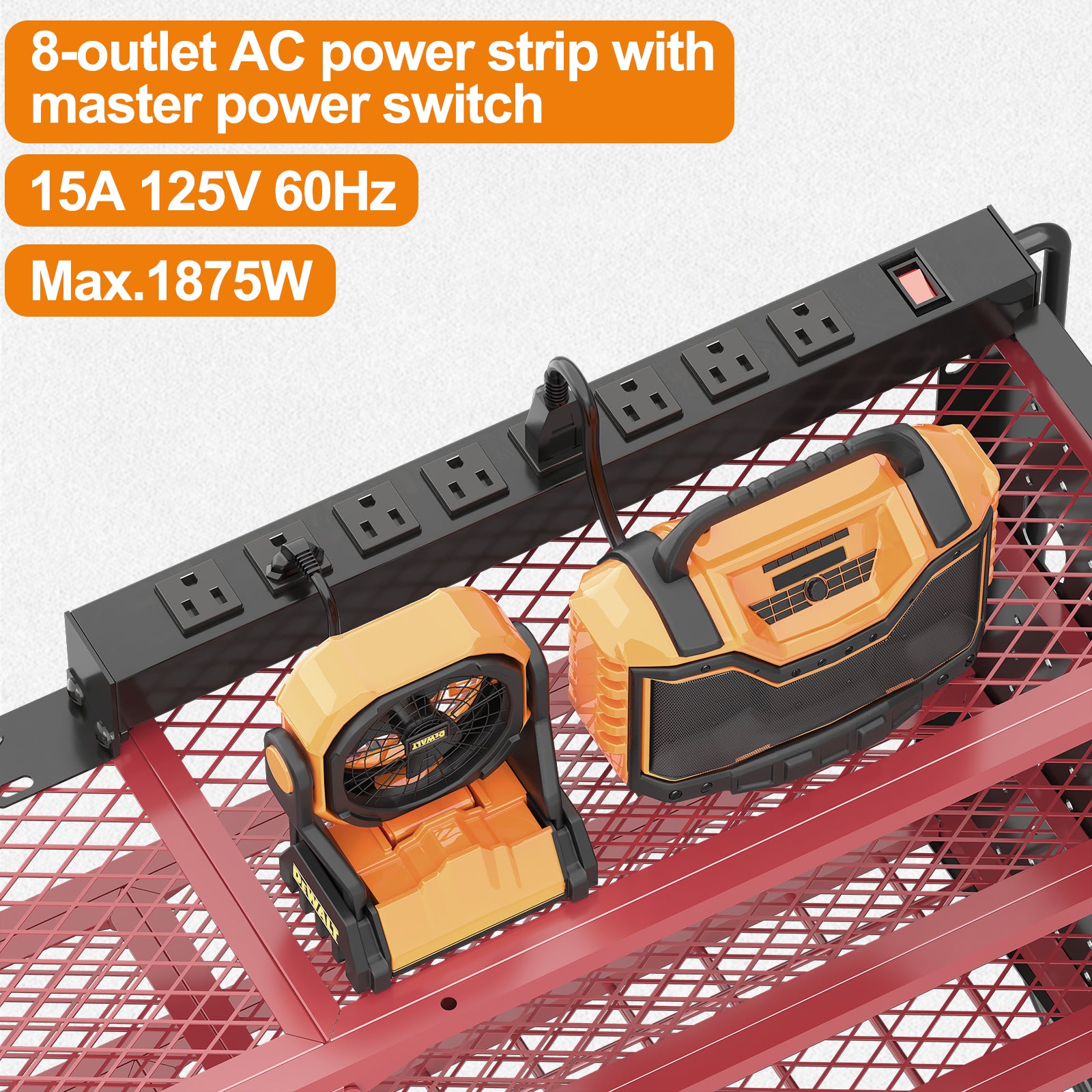 33 inches Modular Wall-Mounted Power Tool Organizer with Charging Station Heavy-Duty Drill Rack with Hooks and 8-Outlet Holder in Red image 3