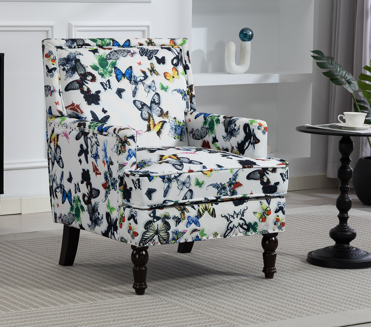Upholstered Accent Chair, Vintage Armchair with butterfly Linen Fabric and Nailhead Trim for Living Room image 2