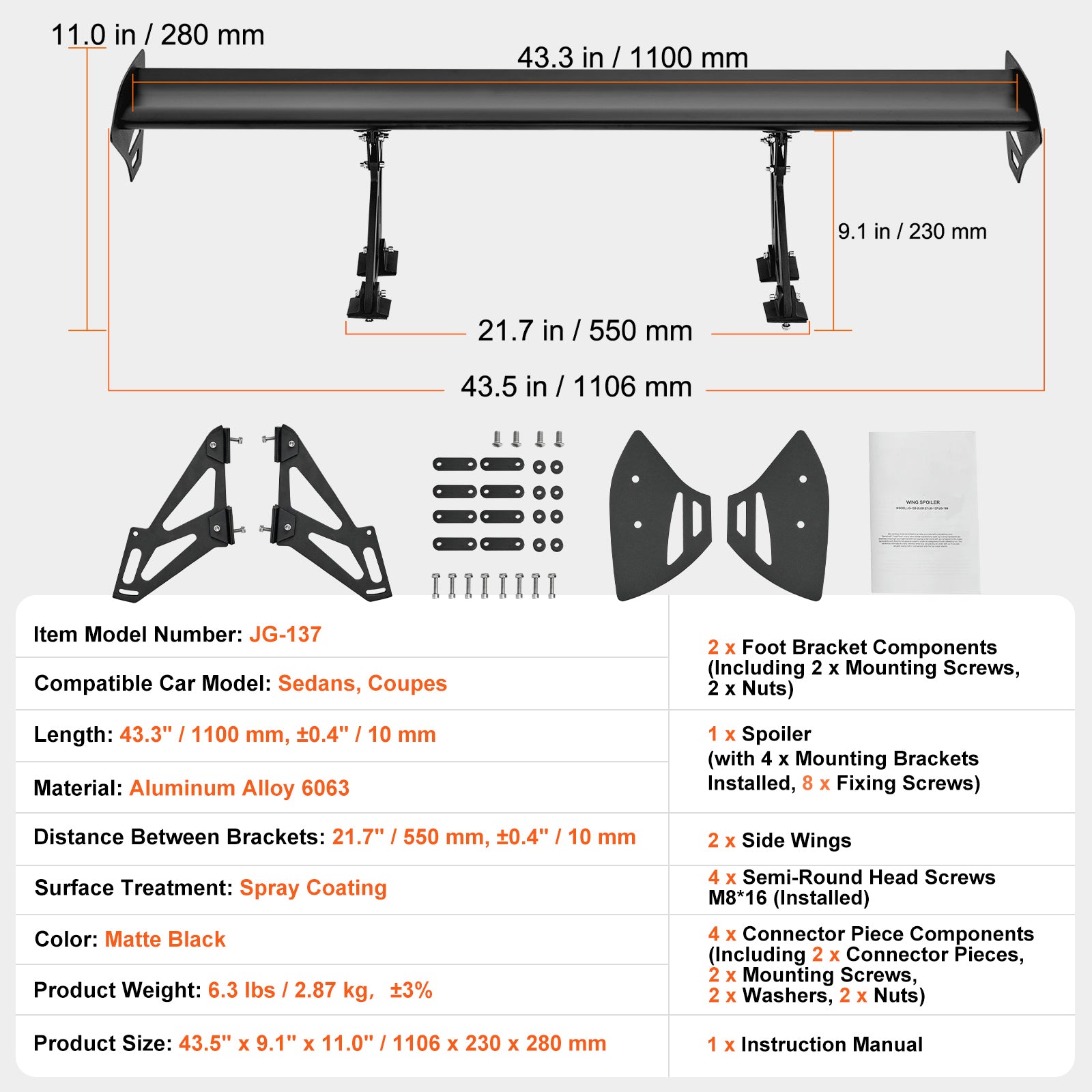 GT Wing Car Spoiler, 43.3 inch Universal Spoiler with Single Deck, Adjustable Lightweight Aluminum, Car Rear Spoiler Wing, Racing Spoiler BGW/JDM Drift Black image 10