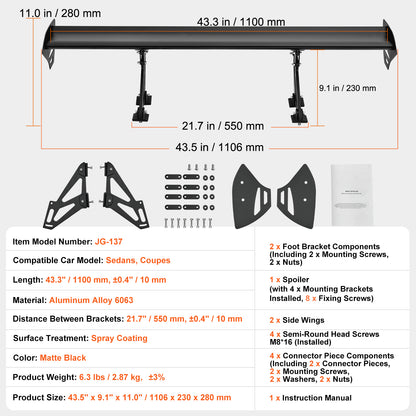 GT Wing Car Spoiler, 43.3 inch Universal Spoiler with Single Deck, Adjustable Lightweight Aluminum, Car Rear Spoiler Wing, Racing Spoiler BGW/JDM Drift Black image 10