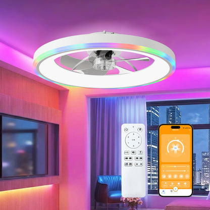 23.6" Modern RGB Ceiling Fan with Lights, Flush Mount Low Profile Fan with Remote & APP, 6-Speed Reversible Silent DC Motor, Dimmable 3000-6500K LED for Bedroom, White image 1