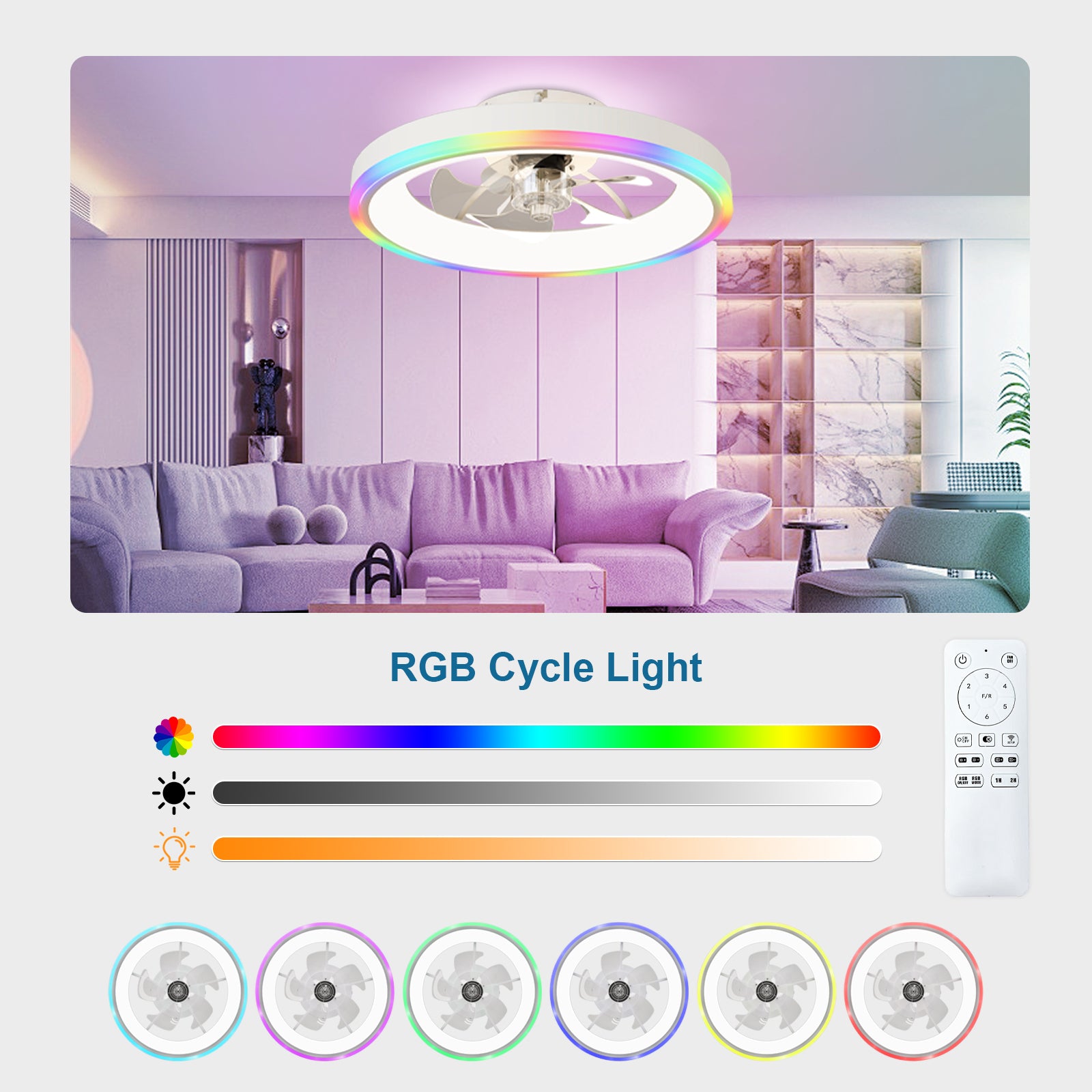 19.7" Modern RGB Ceiling Fan with Lights, Flush Mount Low Profile Fan with Remote & APP, 6-Speed Reversible Silent DC Motor, Dimmable 3000-6500K LED for Bedroom, White image 3