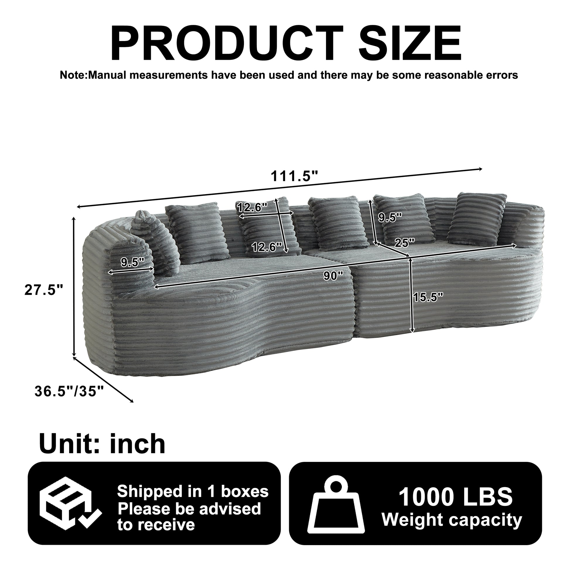 Curved Sectional Sofa, 111.5-inch Oversized Modern Bone-Free Cloud Sofa with 6 Pillows Luxury Corduroy Four-Seater Memory Foam Sofa with Deep Seat Design,grey W3505P355587 image 2
