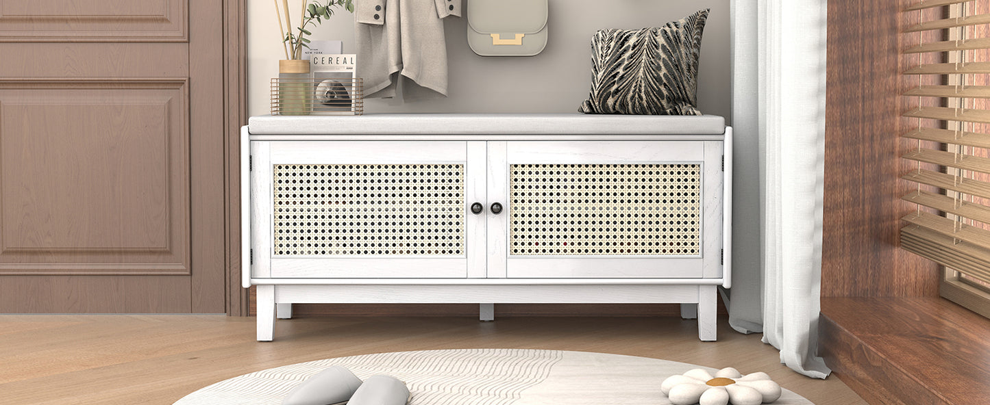 TREXM Boho Rattan Entryway Bench with Storage, Cushioned Shoe Bench with Double Doors, Wooden Shoe Organizer Bench for Entryway and Hallway (White+Beige) image 5
